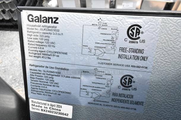 Galanz GLR33MS1E02 Mini Cooler label, 3.3 cu.ft capacity, 120 VAC, R600a refrigerant, made in China, April 2024.