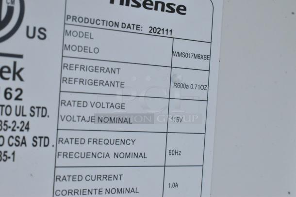 Hisense WMS017M6XBE mini cooler label showing 115V, 1 phase, R600a refrigerant, and production date 202111.