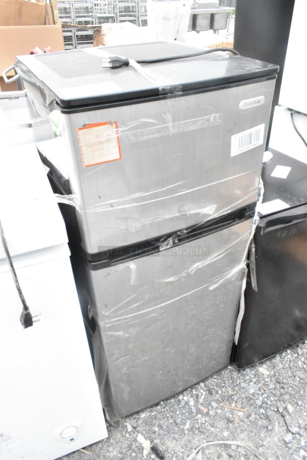 Vissani HVDR430SE Mini Cooler with Freezer, stainless steel finish, 115 Volts, 1 Phase, moderately used, model label visible.
