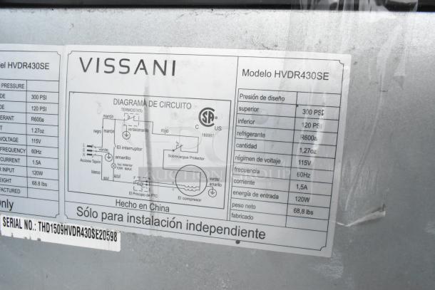Vissani HVDR430SE mini cooler label, showing circuit diagram and specs: 115V, 1 phase, R600a refrigerant. Serial: THD1509HVDR430SE20598.