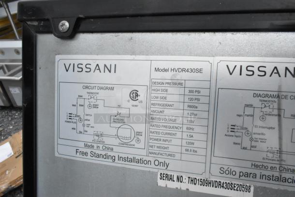 Vissani HVDR430SE Mini Cooler with Freezer, 115 Volts, 1 Phase, model label showing specs and circuit diagram.