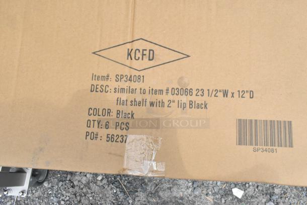 Cardboard box with KCFD label, item# SP34081. Contains six black flat shelves, 23.5"x12" with 2" lip.