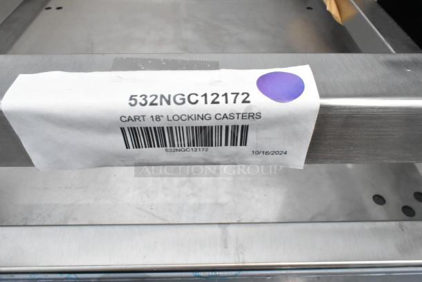 2 stainless steel equipment stands with commercial locking casters. Visible label: "532NGC12172, Cart 18” Locking Casters."