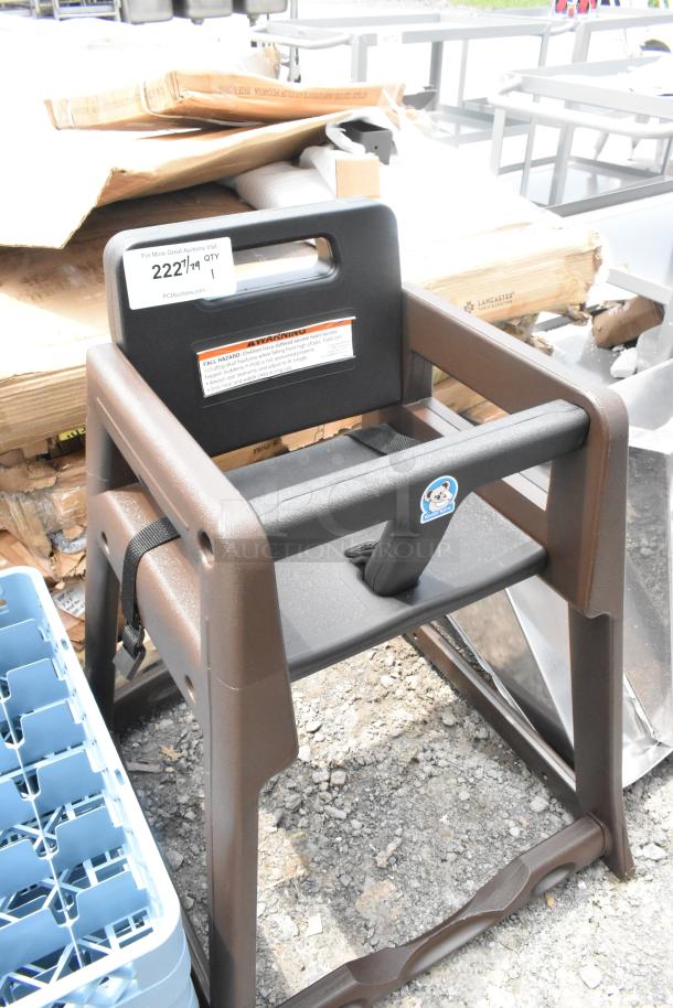 BRAND NEW SCRATCH AND DENT Koala Kare brown high chair, durable plastic, safety straps, minor surface marks visible.