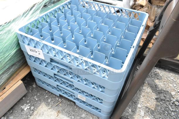 Lot of 4 blue poly dish caddies, brand new with minor scratches and dents, durable grid design, item tag reads "223."