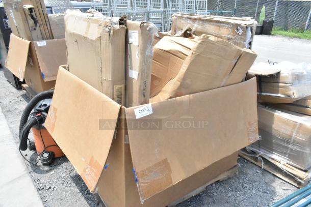 Box of 7 brand new scratch and dent items, including patio tables, partially opened. Labels indicate mixed contents.