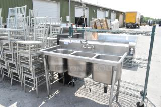 Eagle Stainless Steel 3 bay sink with faucet and handles, visible label, durable condition, ideal for commercial use.