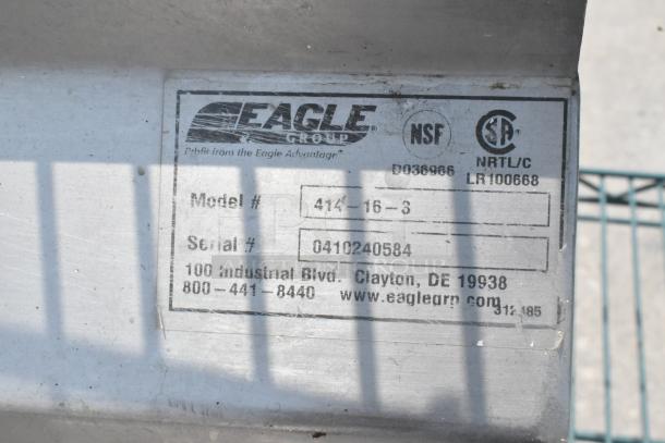 Eagle Stainless Steel 3 Bay Sink, model 414-16-3, with faucet and handles. NSF certified, serial 0410240584.