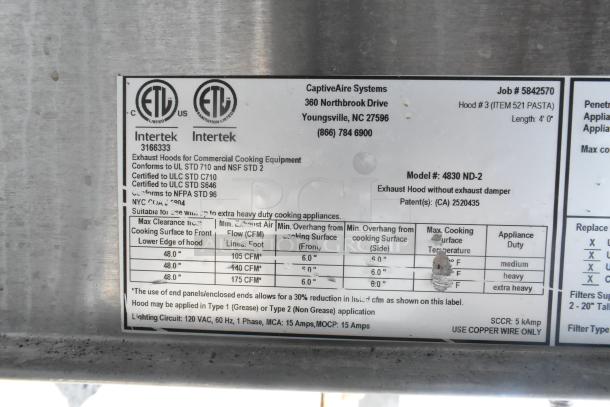 4' CaptiveAire 4830 ND-2 stainless steel grease hood with filters, ETL certified, conforms to commercial standards.