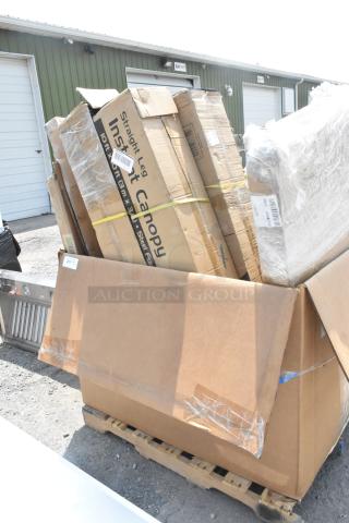 Cardboard boxes with 10 new scratch and dent items, including ingredient bin, pop-up canopy, stainless steel table.