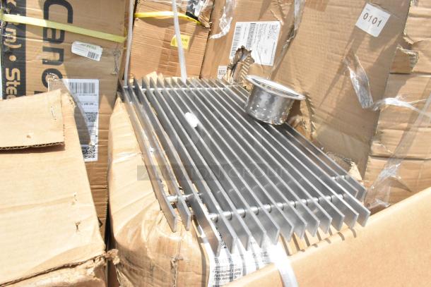 10 brand new scratch and dent items; includes ingredient bin, pop-up canopy, stainless steel table in boxes with labels.