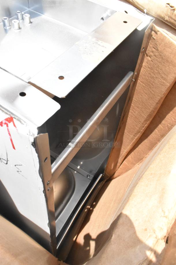 10 brand new scratch and dent items including metal components and cardboard packaging. Features a stainless steel table part.