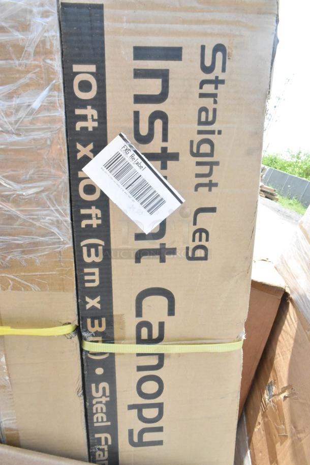 Cardboard box labeled "Straight Leg Instant Canopy 10ft x 10ft". Features "Fix R-Label" tag. New condition.