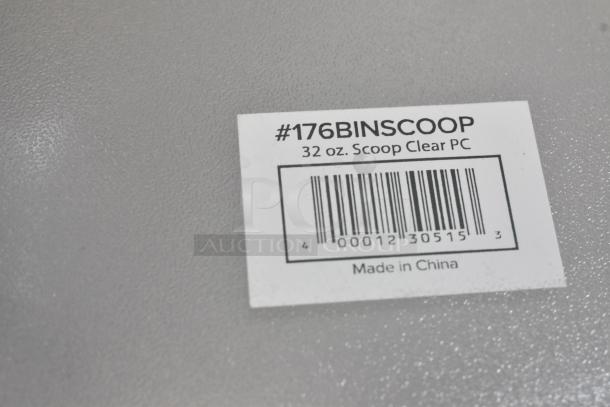Poly ice scooper label reading "#176BINSCOOP 32 oz. Scoop Clear PC," with barcode and "Made in China" text.