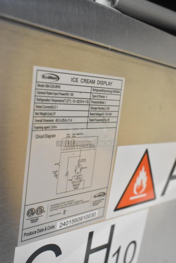 Stainless steel KoolMore CGD-6P45 ice cream display freezer label with specs: 115 volts, 6 pans, 1 phase, glass top.