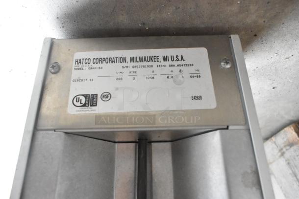 Hatco GRAH-54 metal warming strip, 54 inches, 208 volts, 1 phase. Features UL and NSF labels. Serial number visible.