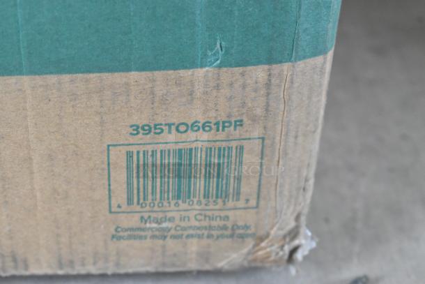 Cardboard box of to-go containers, code 395TO661PF, barcode visible. Marked "Made in China" and "Compostable."