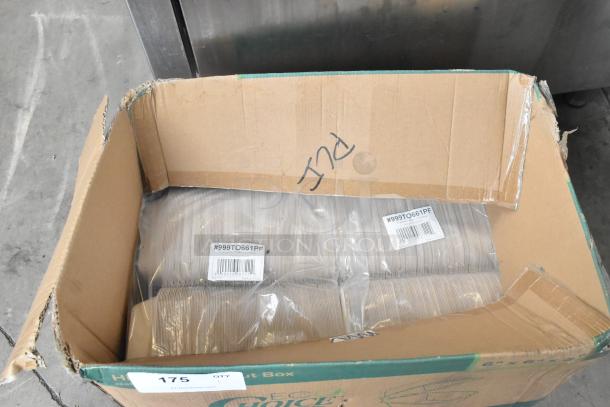Lot of plastic to-go containers in an open cardboard box. Labels: #999TO661PF. Box is slightly worn.
