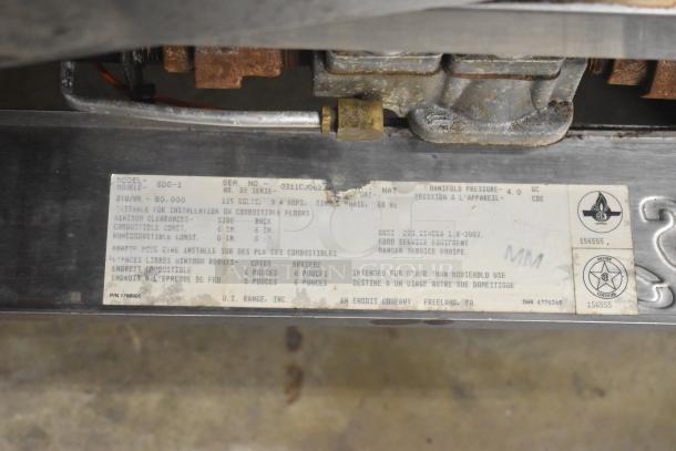 Label on Garland SunFire SD6-1 convection oven, displaying model, serial number, and specifications.