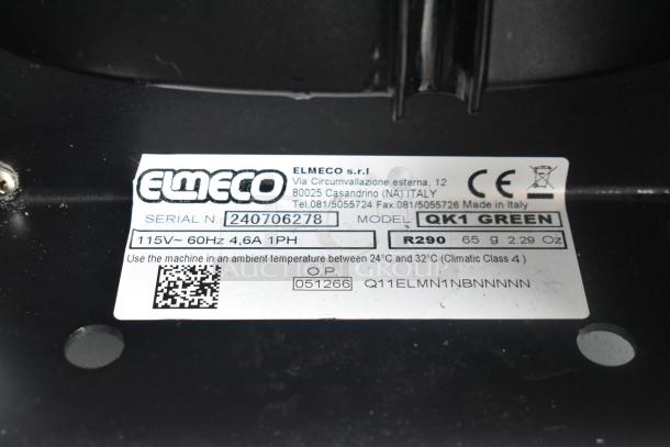 Elmeco QK1 GREEN slushie machine label showing model, serial number 240706278, 115V, single-phase, R290 refrigerant.