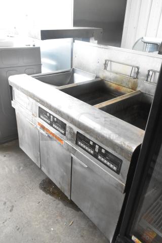Frymaster FMPH255CSC Stainless Steel Commercial Floor Style Natural Gas Powered 2 Bay Deep Fat Fryer w/ Dumping Station on Commercial Casters. 80,000 BTU. - Item #1196342