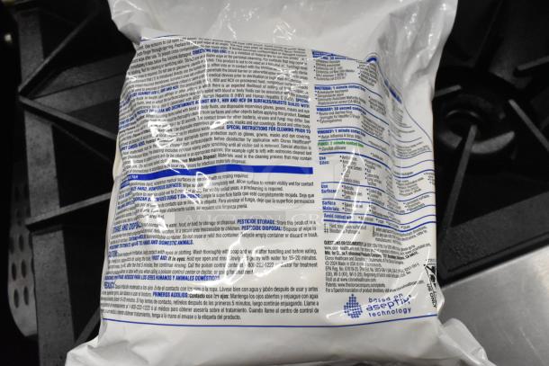 Two bags including Clorox Hydrogen Peroxide cleaning wipes with detailed instructions on back. Ideal for sanitation needs.