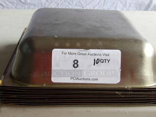 Commercial stainless steel steam table pan, 10x quantity, shown stacked. Label indicates auction info and quantity.