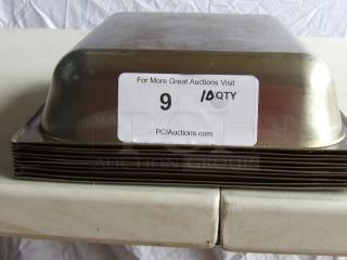 Commercial stainless steel steam table pans, stack of 10. Each pan labeled "10 QTY" on PCI Auctions sticker.
