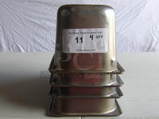 Commercial stainless steel steam table pans, set of 4. Stackable, durable design with visible label: "11 4 QTY."