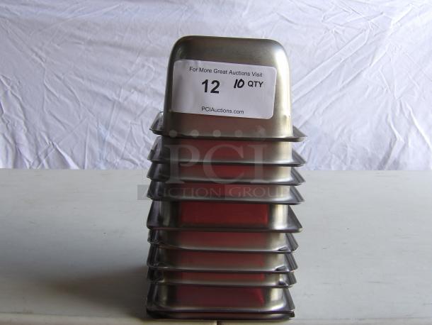 Stack of 10 commercial stainless steel steam table pans, labeled "12 10 QTY" from pciauctions.com, in good condition.
