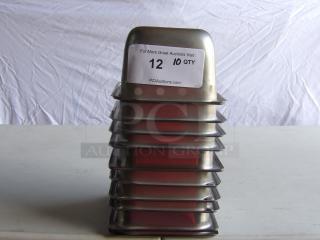 Stack of 10 commercial stainless steel steam table pans, labeled "12 10 QTY" from pciauctions.com, in good condition.