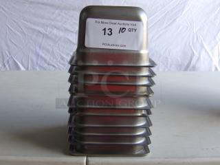 Set of 10 stainless steel steam table pans, stacked. Label indicates lot number "13", quantity "10". Excellent condition.