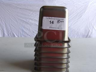 Commercial stainless steel steam table pans, set of 8, stacked. Visible label: "14 8 QTY PCIAuctions.com."