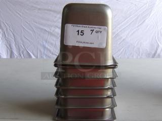 Seven commercial stainless steel steam table pans stacked, labeled with auction details. Durable, ideal for professional kitchens.