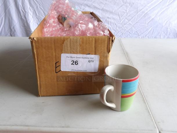 Lot of multi-colored coffee mugs, blue and green, 12 oz, great condition. Box with auction label, packed for auction.