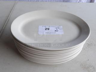 10 ivory stoneware platters, 12.5"x8.875", wide rim, rolled edge, labeled for auction lot 29, quantity 10.