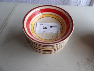Red, yellow, white striped bowls; set of 10. Visible auction tag "36, 10 QTY." Good condition, stacked display.