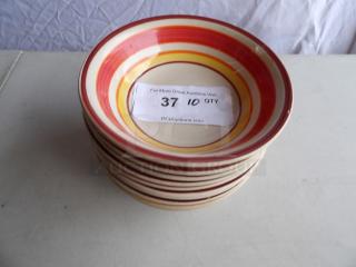Red-yellow-white striped bowls, set of 10, labeled "37 10 QTY." Good condition, vibrant colors.