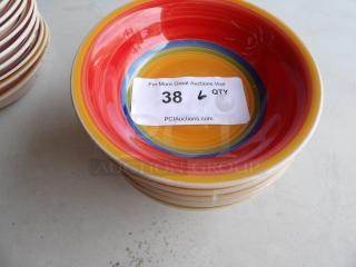 Multicolored bowls set of 6, vibrant hues, excellent condition, visible auction label "38 6 QTY PCIAuctions.com".