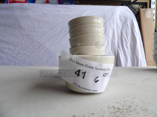 6 American White stoneware bouillon cups, 7.25 oz., rolled edge, stacked; marked with auction info "41 QTY 6."