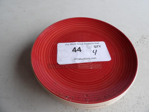 Red colored plate, part of "Small Colored Plates" set. Visible auction tag with quantity 4. Good condition.