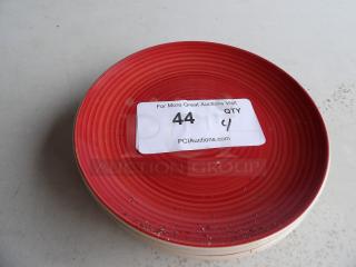 Red colored plate, part of "Small Colored Plates" set. Visible auction tag with quantity 4. Good condition.