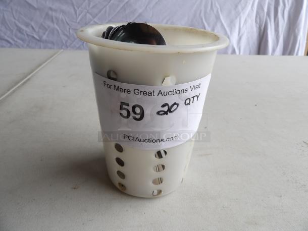 "Choice Windsor 5 7/8'' 18/0 stainless bouillon spoons, 20x, in a plastic holder, marked '59' and 'PCIAuctions.com.'"