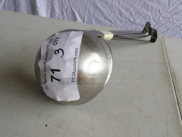 12 oz one-piece stainless steel ladle in excellent condition, bundle of 3. Tag shows lot 71, quantity 3.