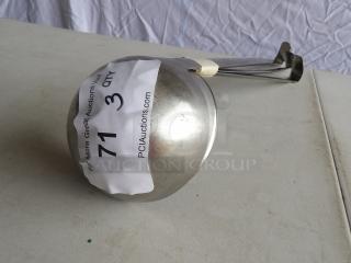 12 oz one-piece stainless steel ladle in excellent condition, bundle of 3. Tag shows lot 71, quantity 3.