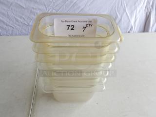 1/9 Size 4" Deep Clear Polycarbonate Food Pans, stack of 7. Slightly worn, labeled "72 Qty" for auction details.