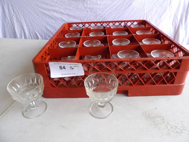 Set of 16 "Diamond" 8 oz. dessert glasses in a red crate, with two displayed in front. Excellent condition. Auction label visible.