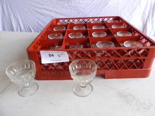 Set of 16 "Diamond" 8 oz. dessert glasses in a red crate, with two displayed in front. Excellent condition. Auction label visible.