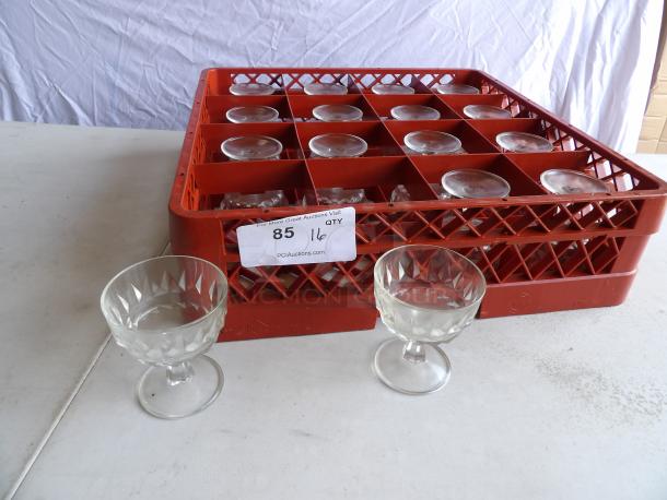 Set of 16 Diamond 8 oz. dessert glasses. Includes original crate. Excellent condition with intricate cut glass design.