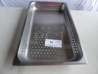 Full-size perforated steel tray pan, excellent condition. Auction tag numbered 94. Perfect for draining or baking.